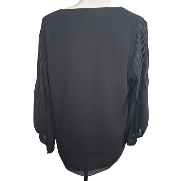Naked Zebra Top Black V-Neck Blouse Sheer Pleated Balloon Sleeves Large - Picture 4 of 9